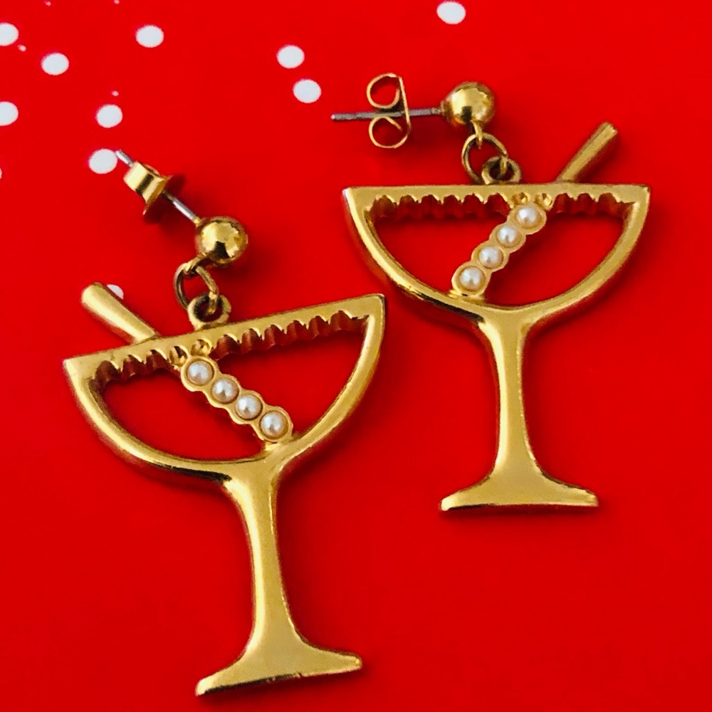 Vintage Earrings - Avon Martini Glasses, Gold Tone & Seed Pearl Beads